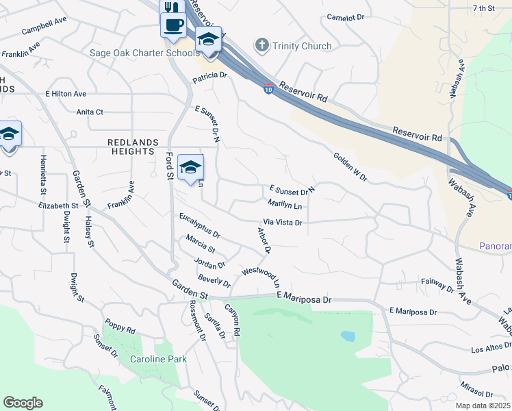 map of restaurants, bars, coffee shops, grocery stores, and more near 450 Marilyn Lane in Redlands