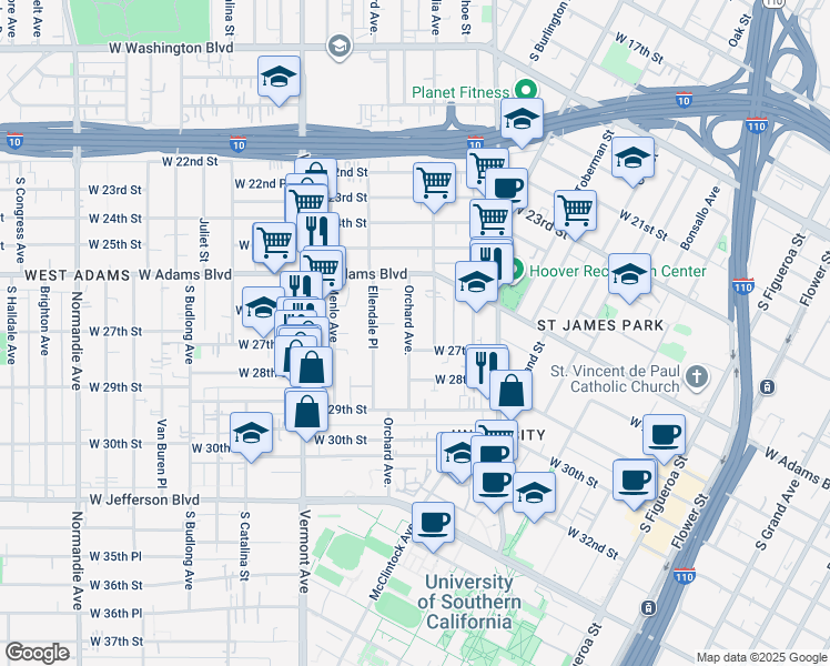 map of restaurants, bars, coffee shops, grocery stores, and more near in Los Angeles