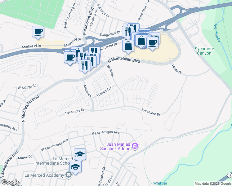 map of restaurants, bars, coffee shops, grocery stores, and more near 1478 North Montebello Boulevard in Montebello