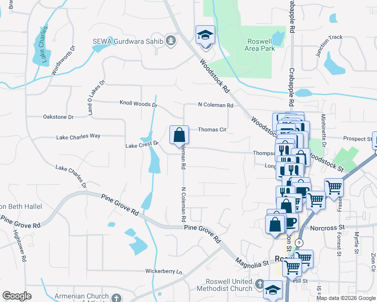 map of restaurants, bars, coffee shops, grocery stores, and more near 1165 North Coleman Road in Roswell