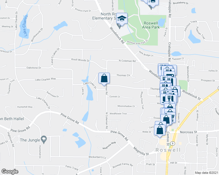 map of restaurants, bars, coffee shops, grocery stores, and more near 1175 North Coleman Road in Roswell