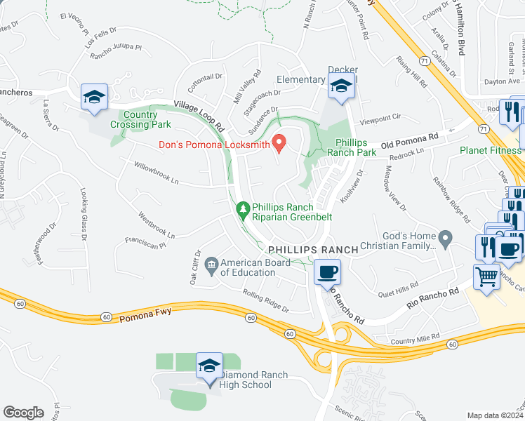 map of restaurants, bars, coffee shops, grocery stores, and more near 40 Country Wood Drive in Pomona