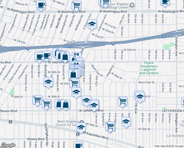 map of restaurants, bars, coffee shops, grocery stores, and more near 2819 12th Avenue in Los Angeles