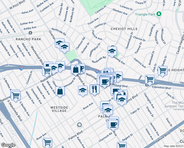 map of restaurants, bars, coffee shops, grocery stores, and more near 3200 Cheviot Vista Place in Los Angeles