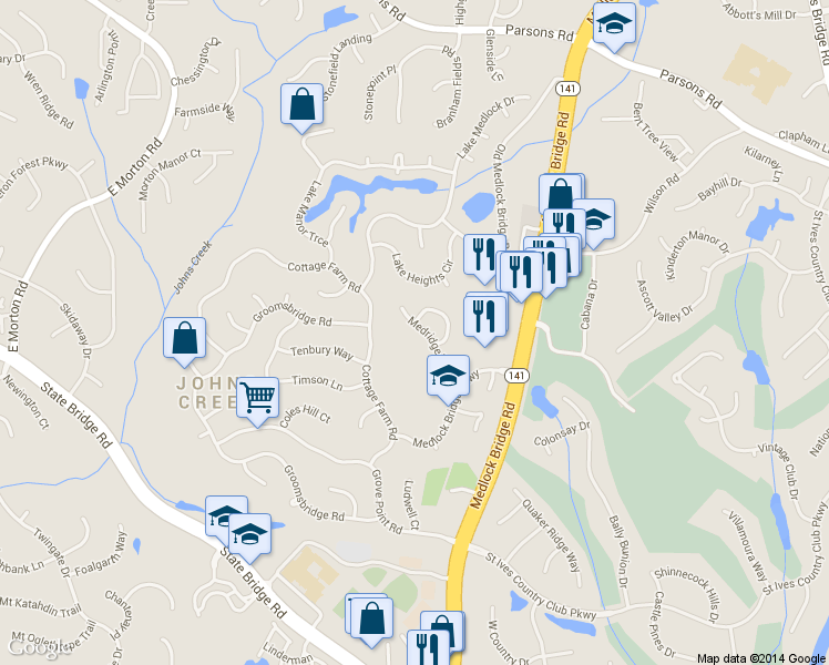 map of restaurants, bars, coffee shops, grocery stores, and more near 350 Medridge Drive in Alpharetta