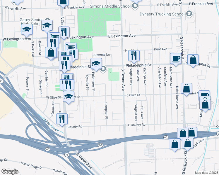 map of restaurants, bars, coffee shops, grocery stores, and more near 2233 South Encino Place in Pomona