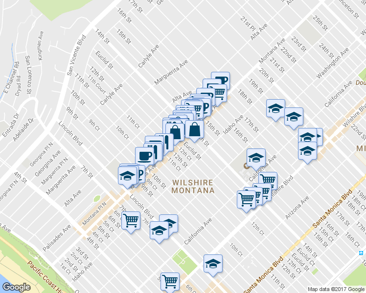 map of restaurants, bars, coffee shops, grocery stores, and more near 812 Euclid Street in Santa Monica