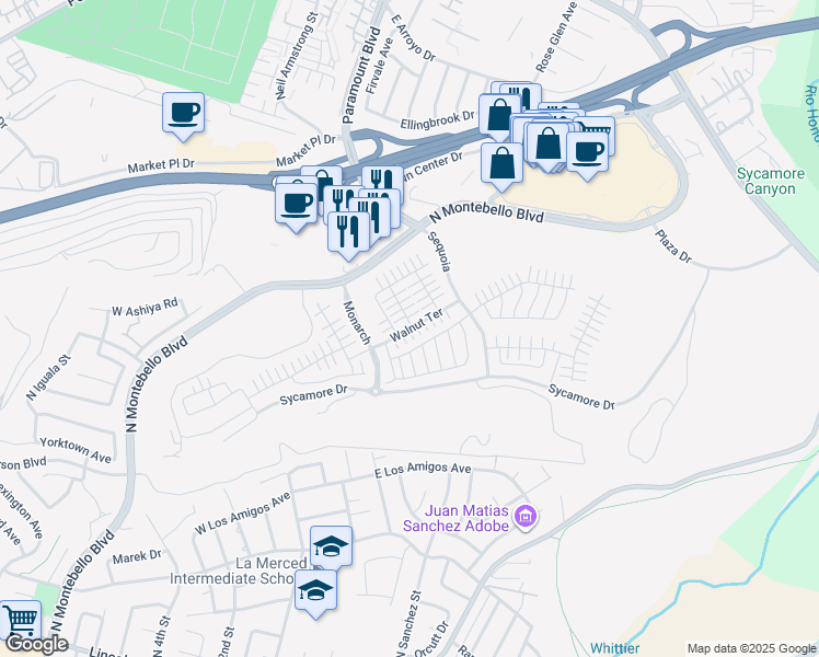 map of restaurants, bars, coffee shops, grocery stores, and more near 725 Walnut Terrace in Montebello