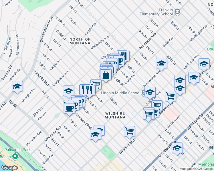 map of restaurants, bars, coffee shops, grocery stores, and more near 812 Euclid Street in Santa Monica