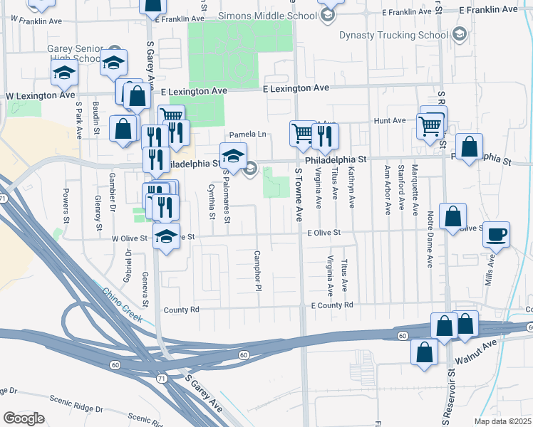map of restaurants, bars, coffee shops, grocery stores, and more near 2233 South Encino Place in Pomona