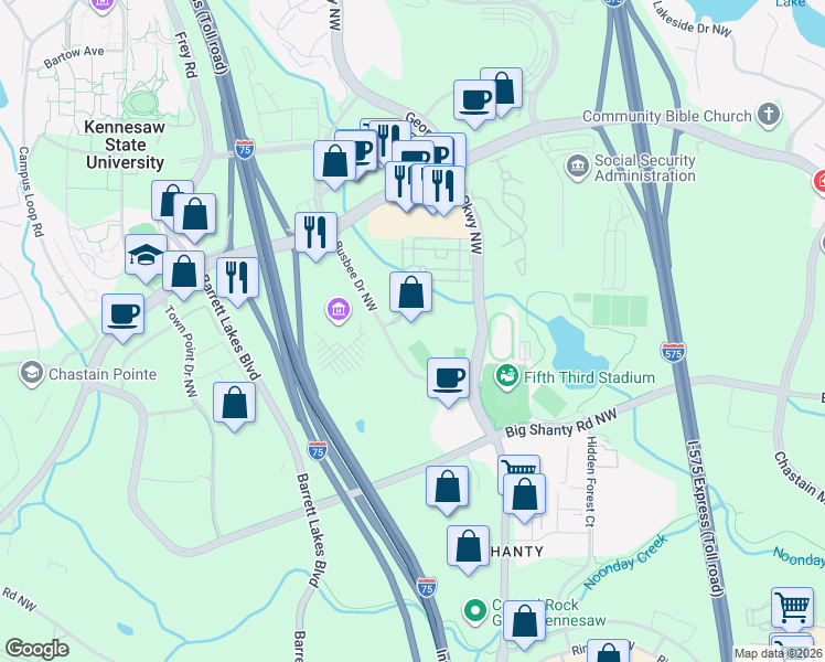 map of restaurants, bars, coffee shops, grocery stores, and more near 3316 Busbee Drive Northwest in Kennesaw