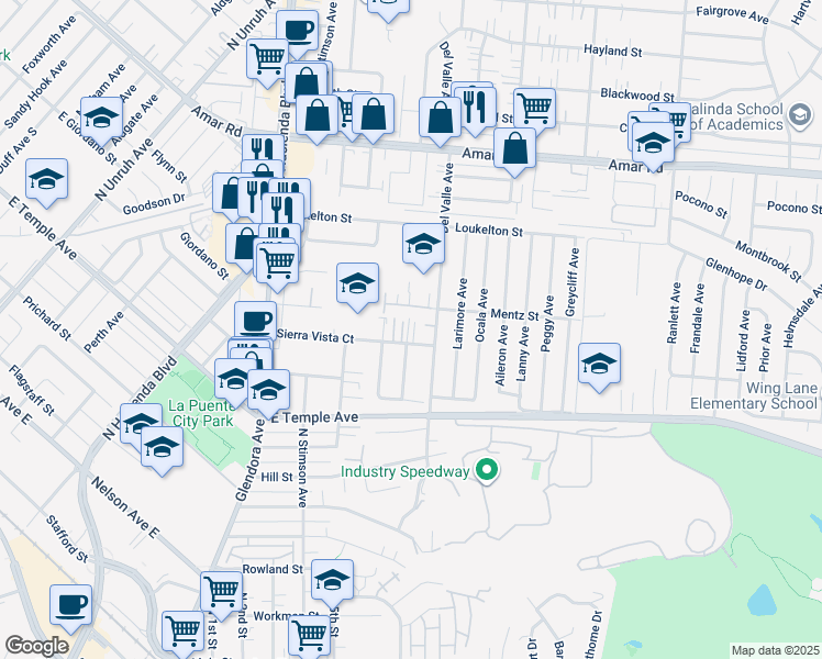 map of restaurants, bars, coffee shops, grocery stores, and more near 15917 Sierra Vista Court in La Puente