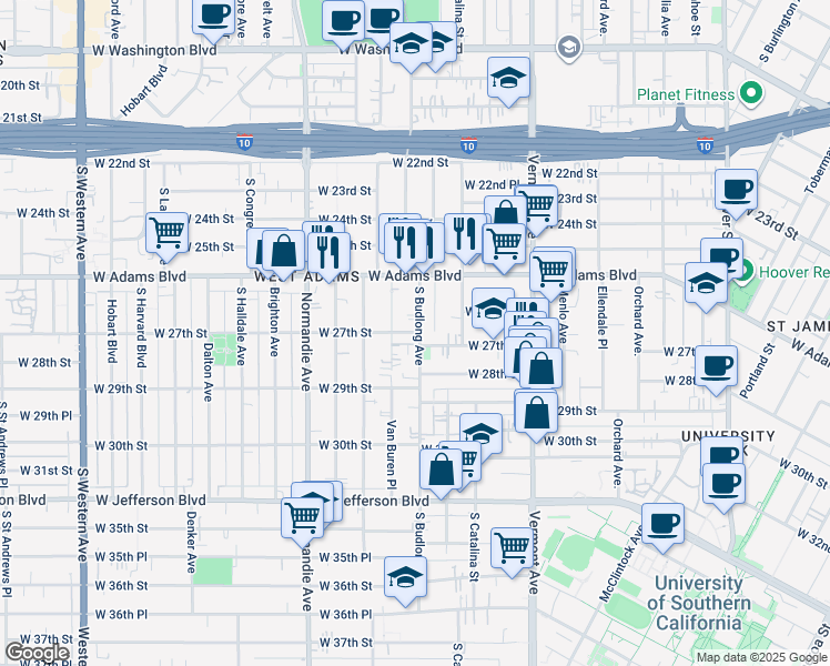 map of restaurants, bars, coffee shops, grocery stores, and more near 2711 South Budlong Avenue in Los Angeles