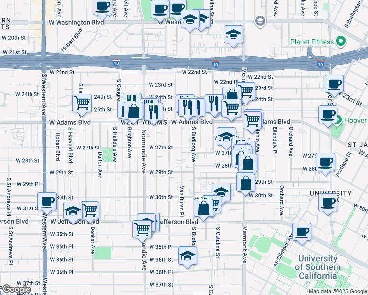 map of restaurants, bars, coffee shops, grocery stores, and more near 1604 West 27th Street in Los Angeles