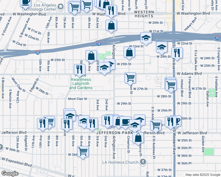 map of restaurants, bars, coffee shops, grocery stores, and more near 3120 West 27th Street in Los Angeles