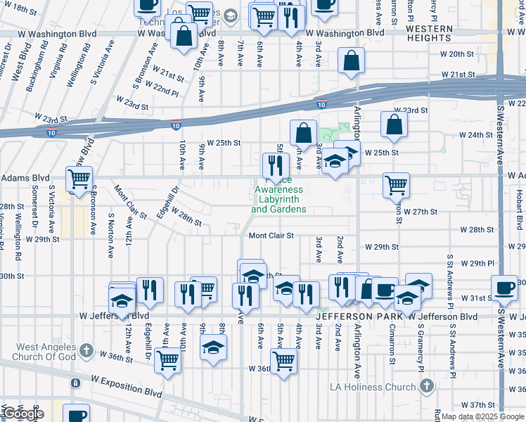 map of restaurants, bars, coffee shops, grocery stores, and more near 3514 West 27th Street in Los Angeles