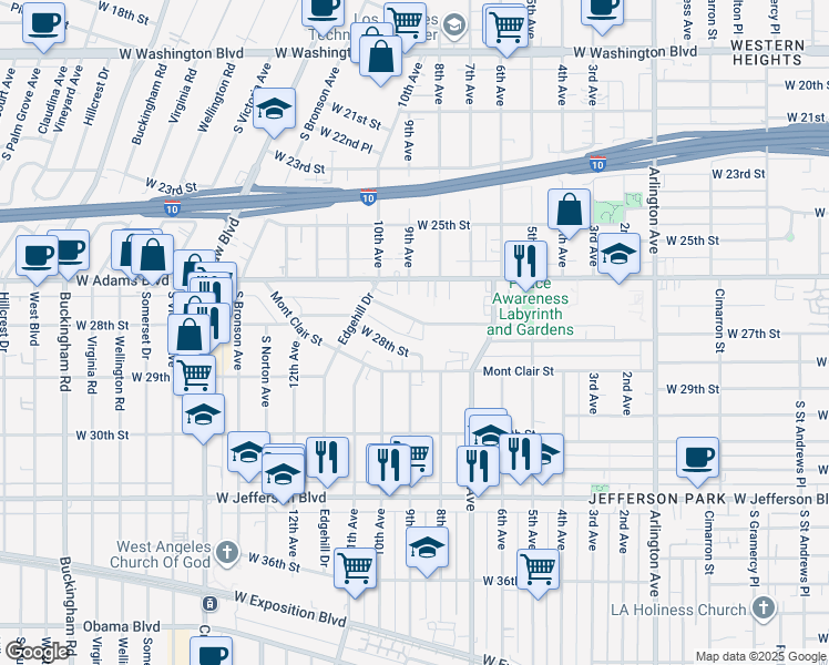 map of restaurants, bars, coffee shops, grocery stores, and more near 3837 West 28th Street in Los Angeles
