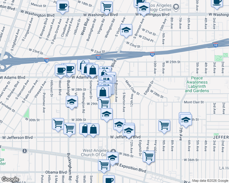 map of restaurants, bars, coffee shops, grocery stores, and more near 2822 South Bronson Avenue in Los Angeles