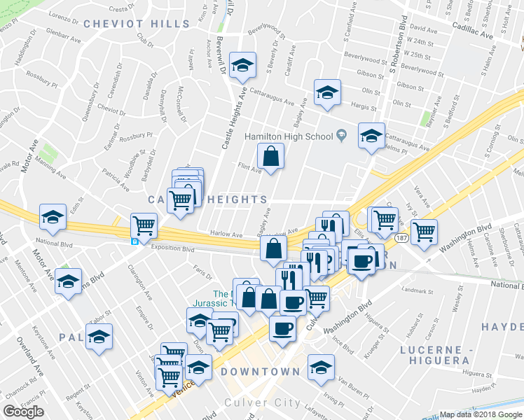 map of restaurants, bars, coffee shops, grocery stores, and more near 3325 Bagley Avenue in Los Angeles