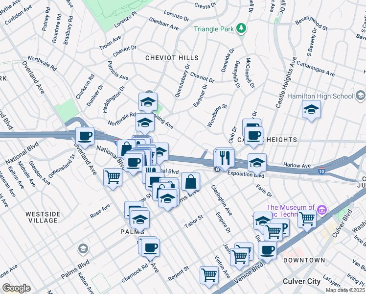 map of restaurants, bars, coffee shops, grocery stores, and more near 3325 Woodbine Street in Los Angeles