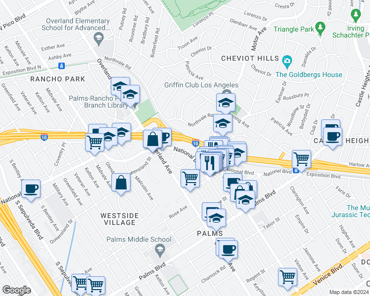 map of restaurants, bars, coffee shops, grocery stores, and more near 3200 Cheviot Vista Place in Los Angeles