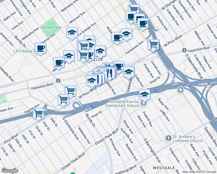 map of restaurants, bars, coffee shops, grocery stores, and more near 2028 Stoner Avenue in Los Angeles