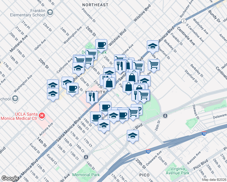map of restaurants, bars, coffee shops, grocery stores, and more near 1425 Cloverfield Boulevard in Santa Monica