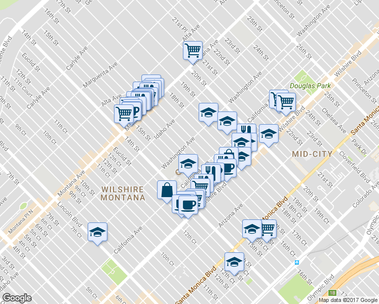 map of restaurants, bars, coffee shops, grocery stores, and more near 1027 16th Street in Santa Monica