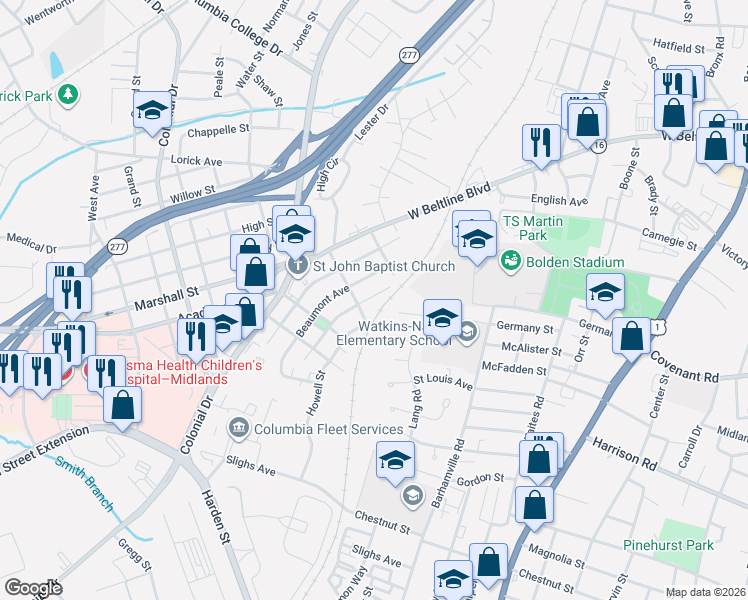 map of restaurants, bars, coffee shops, grocery stores, and more near 70 Jaggers Plaza in Columbia