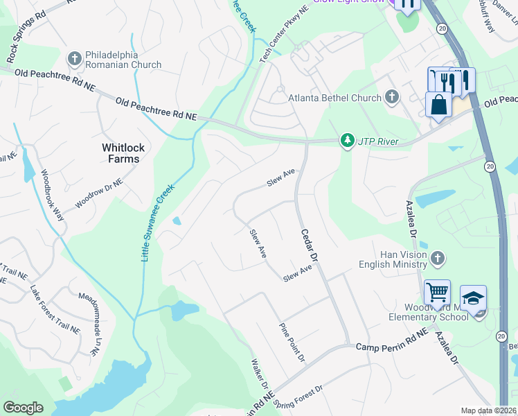 map of restaurants, bars, coffee shops, grocery stores, and more near 732 Cedar Farms Drive in Lawrenceville