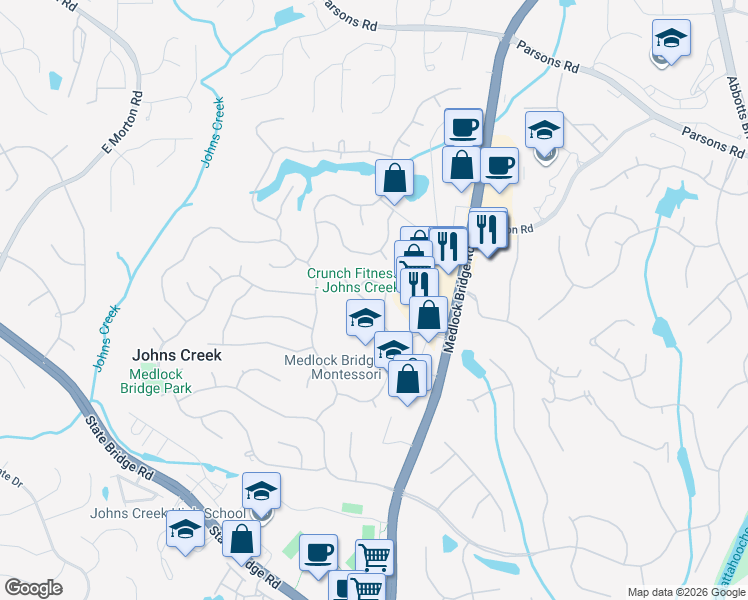 map of restaurants, bars, coffee shops, grocery stores, and more near 320 Medridge Drive in Alpharetta