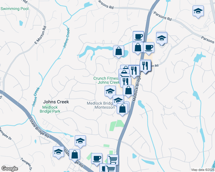 map of restaurants, bars, coffee shops, grocery stores, and more near 350 Medridge Drive in Alpharetta