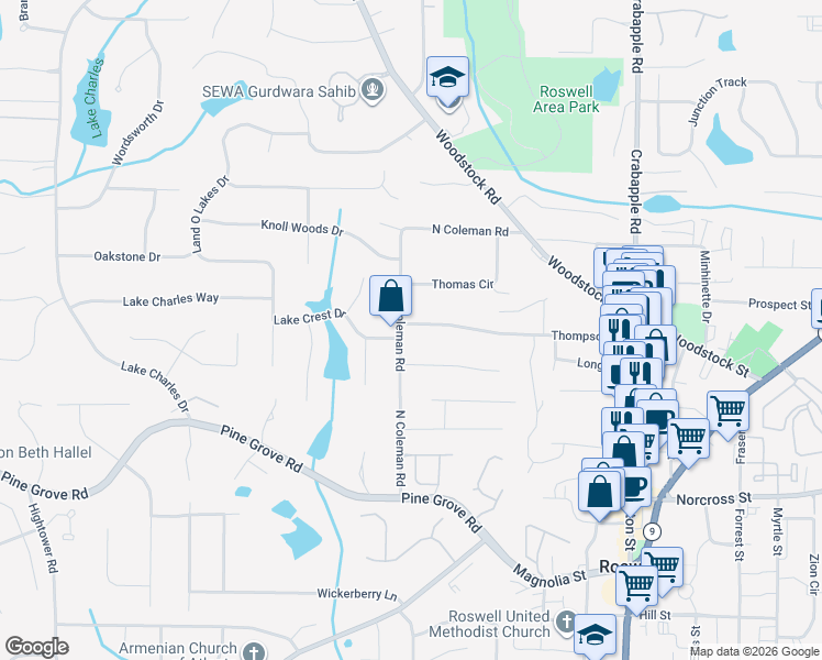 map of restaurants, bars, coffee shops, grocery stores, and more near 1165 North Coleman Road in Roswell