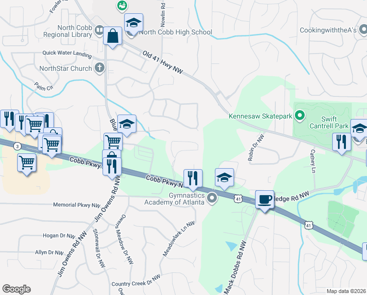 map of restaurants, bars, coffee shops, grocery stores, and more near 3301 Freedom Landing Northwest in Kennesaw