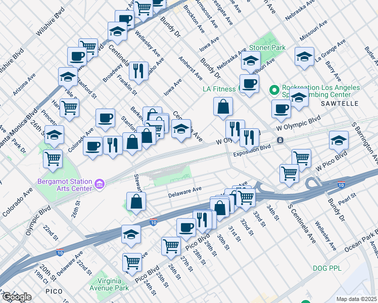 map of restaurants, bars, coffee shops, grocery stores, and more near 3030 Olympic Boulevard in Santa Monica