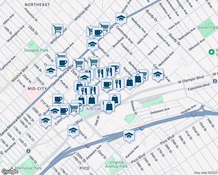 map of restaurants, bars, coffee shops, grocery stores, and more near 2762 Pennsylvania Avenue in Santa Monica