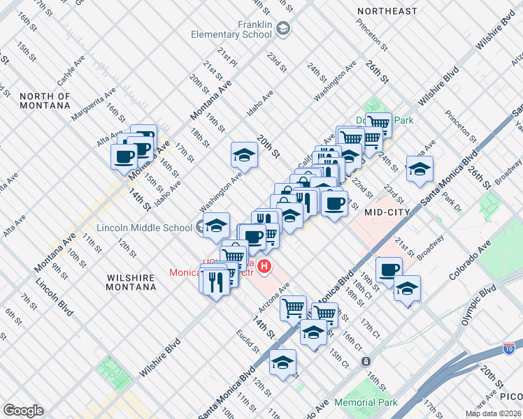 map of restaurants, bars, coffee shops, grocery stores, and more near 1730 California Avenue in Santa Monica