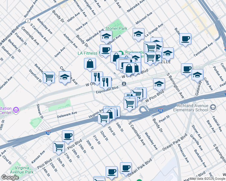 map of restaurants, bars, coffee shops, grocery stores, and more near 2200 Wellesley Avenue in Los Angeles