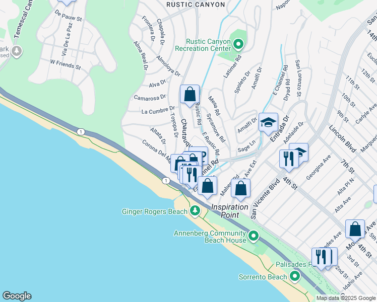 map of restaurants, bars, coffee shops, grocery stores, and more near 14800 Corona Del Mar in Los Angeles