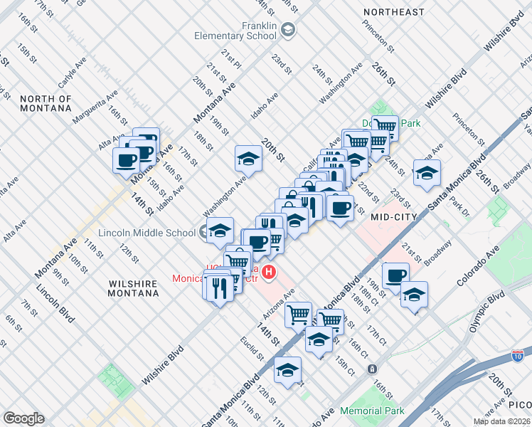 map of restaurants, bars, coffee shops, grocery stores, and more near 1730 California Avenue in Santa Monica