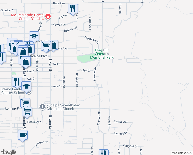 map of restaurants, bars, coffee shops, grocery stores, and more near 12257 Fremont Street in Yucaipa