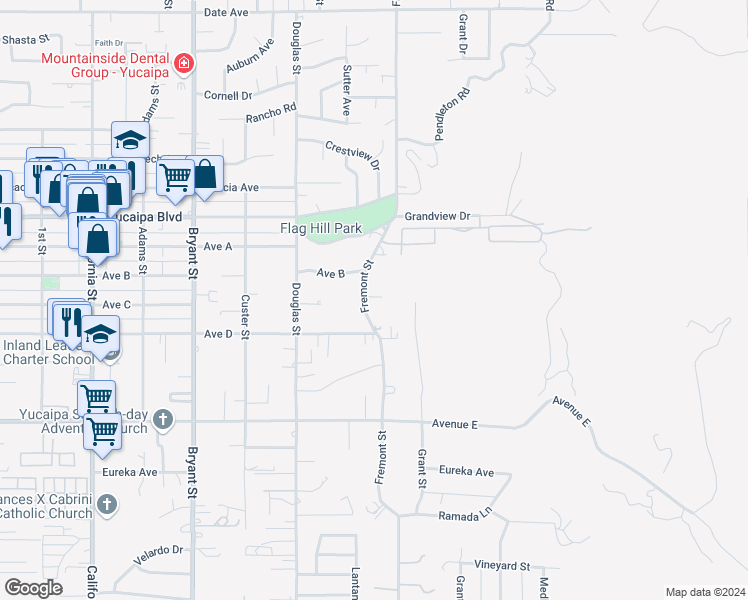 map of restaurants, bars, coffee shops, grocery stores, and more near 12257 Fremont Street in Yucaipa