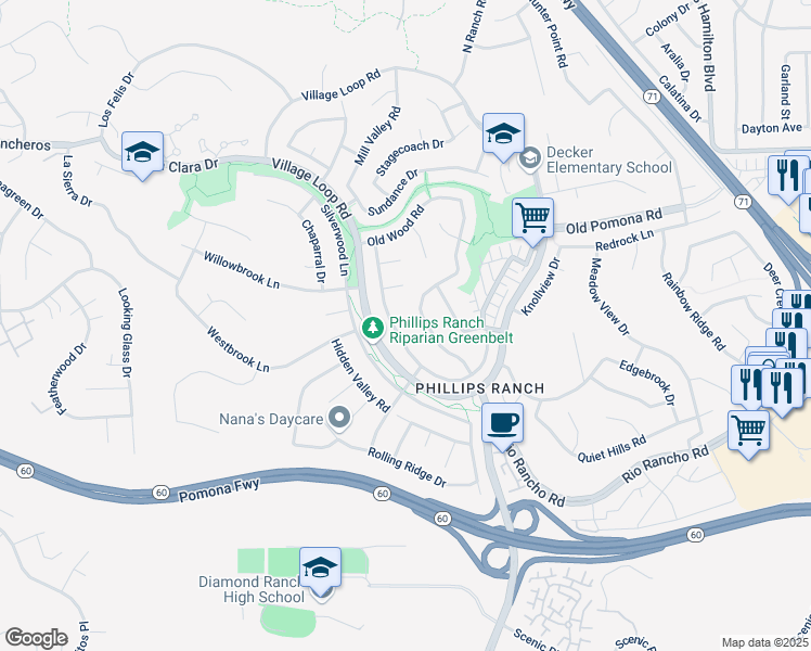 map of restaurants, bars, coffee shops, grocery stores, and more near 40 Country Wood Drive in Pomona