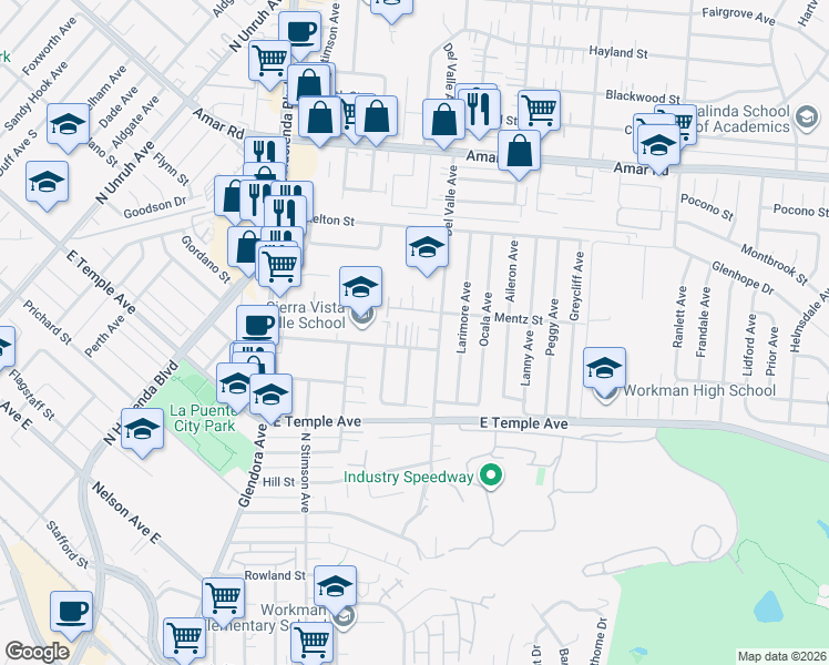 map of restaurants, bars, coffee shops, grocery stores, and more near 15921 Sierra Vista Court in La Puente