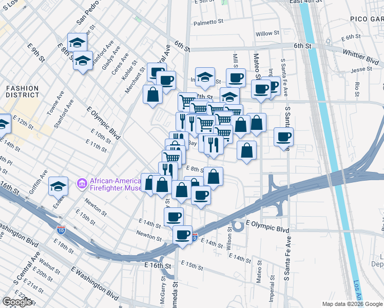 map of restaurants, bars, coffee shops, grocery stores, and more near in Los Angeles