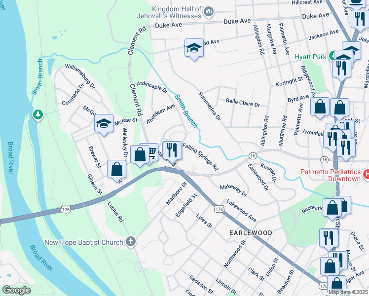 map of restaurants, bars, coffee shops, grocery stores, and more near 3638 Falling Springs Road in Columbia