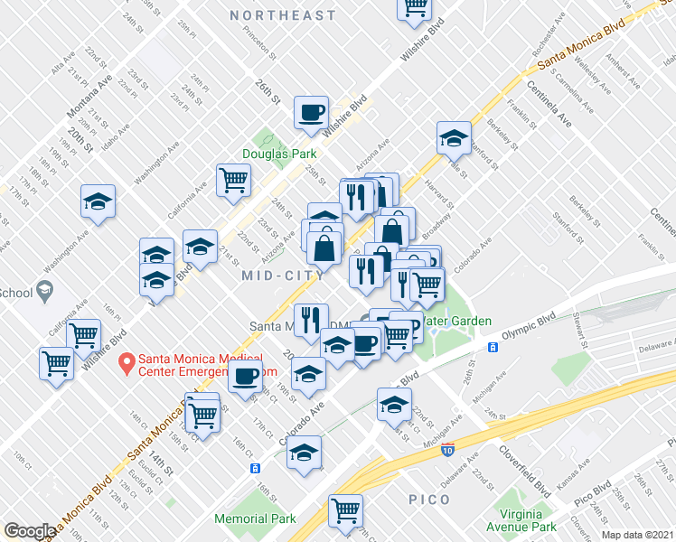 map of restaurants, bars, coffee shops, grocery stores, and more near 1425 Cloverfield Boulevard in Santa Monica