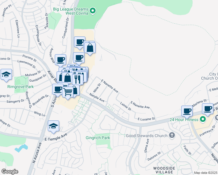 map of restaurants, bars, coffee shops, grocery stores, and more near 2402 Nancy Street in West Covina