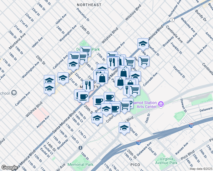 map of restaurants, bars, coffee shops, grocery stores, and more near Santa Monica Pier in Santa Monica