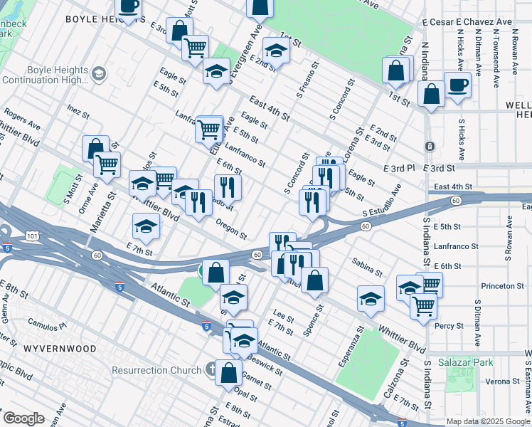 map of restaurants, bars, coffee shops, grocery stores, and more near 3226 Inez Street in Los Angeles